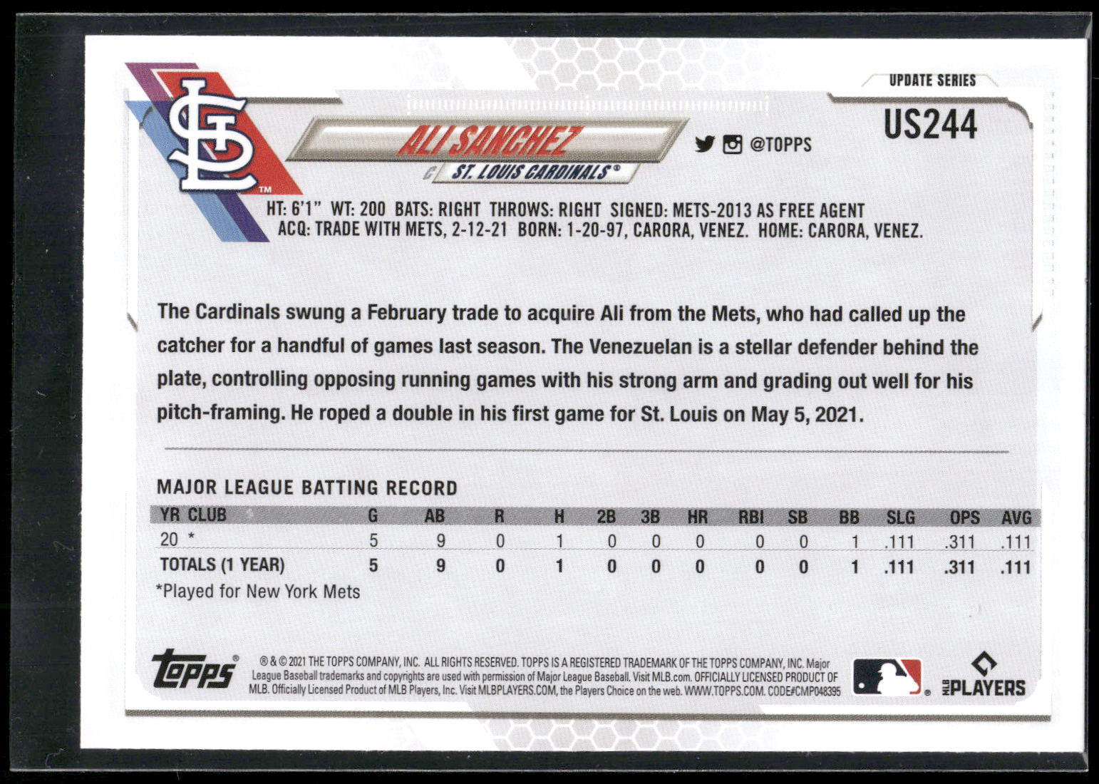 2021 Topps Update #US244 Ali Sanchez