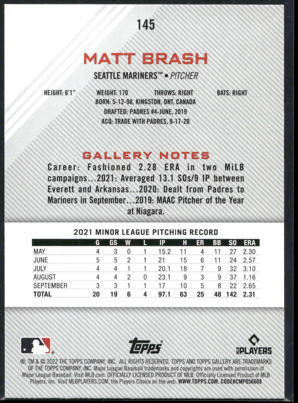 2022 Topps Gallery #145 Matt Brash Rainbow Foil