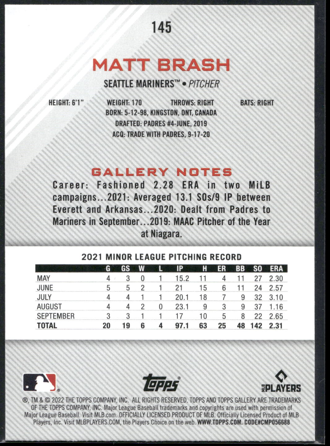 2022 Topps Gallery #145 Matt Brash Rainbow Foil