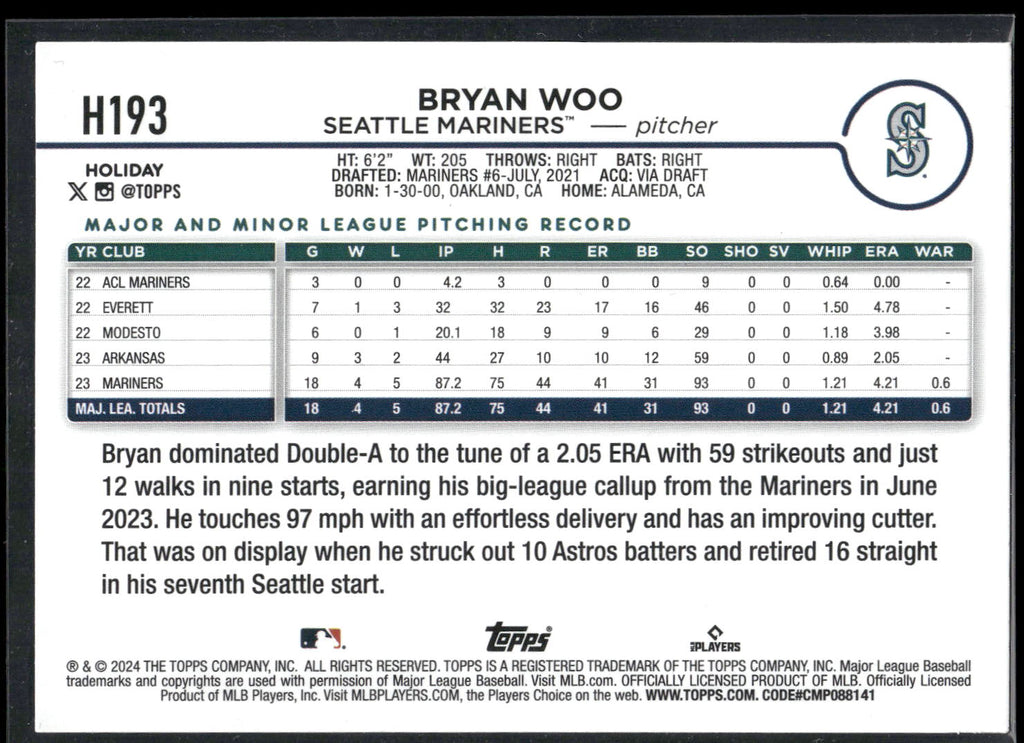 2024 Topps Holiday #H193 Bryan Woo