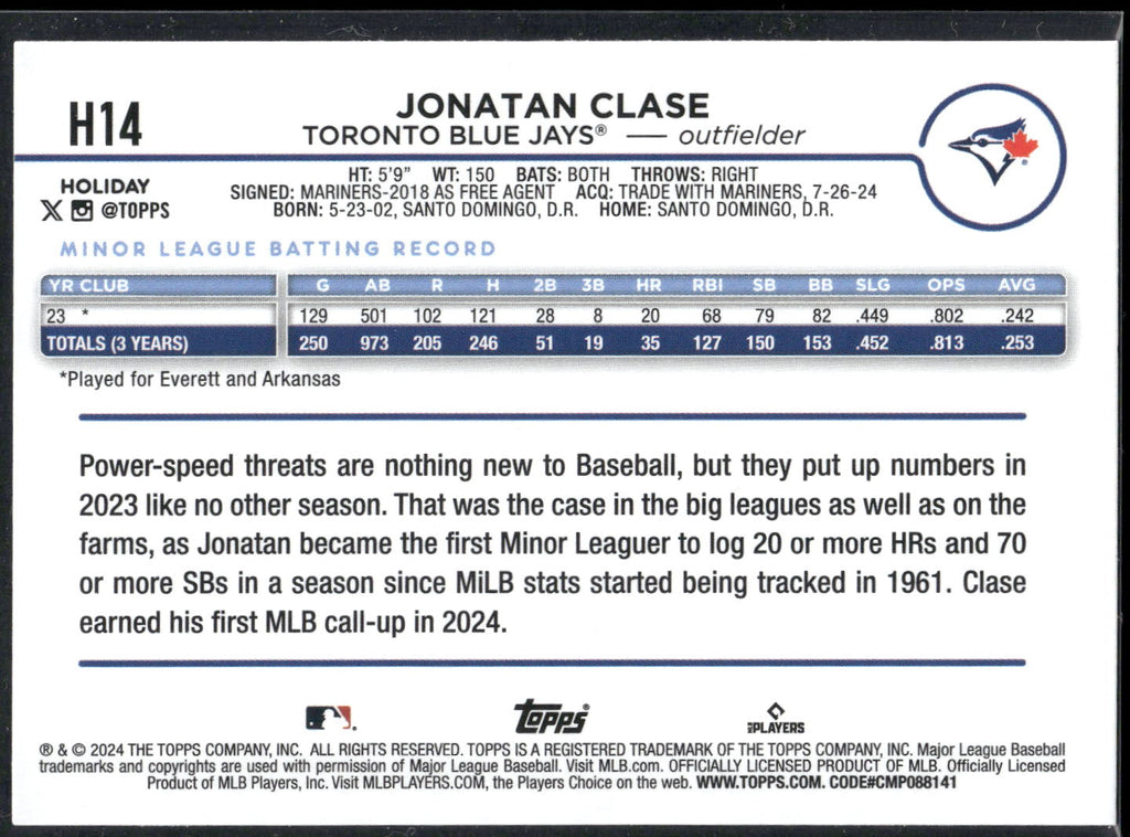 2024 Topps Holiday #H14 Jonatan Clase