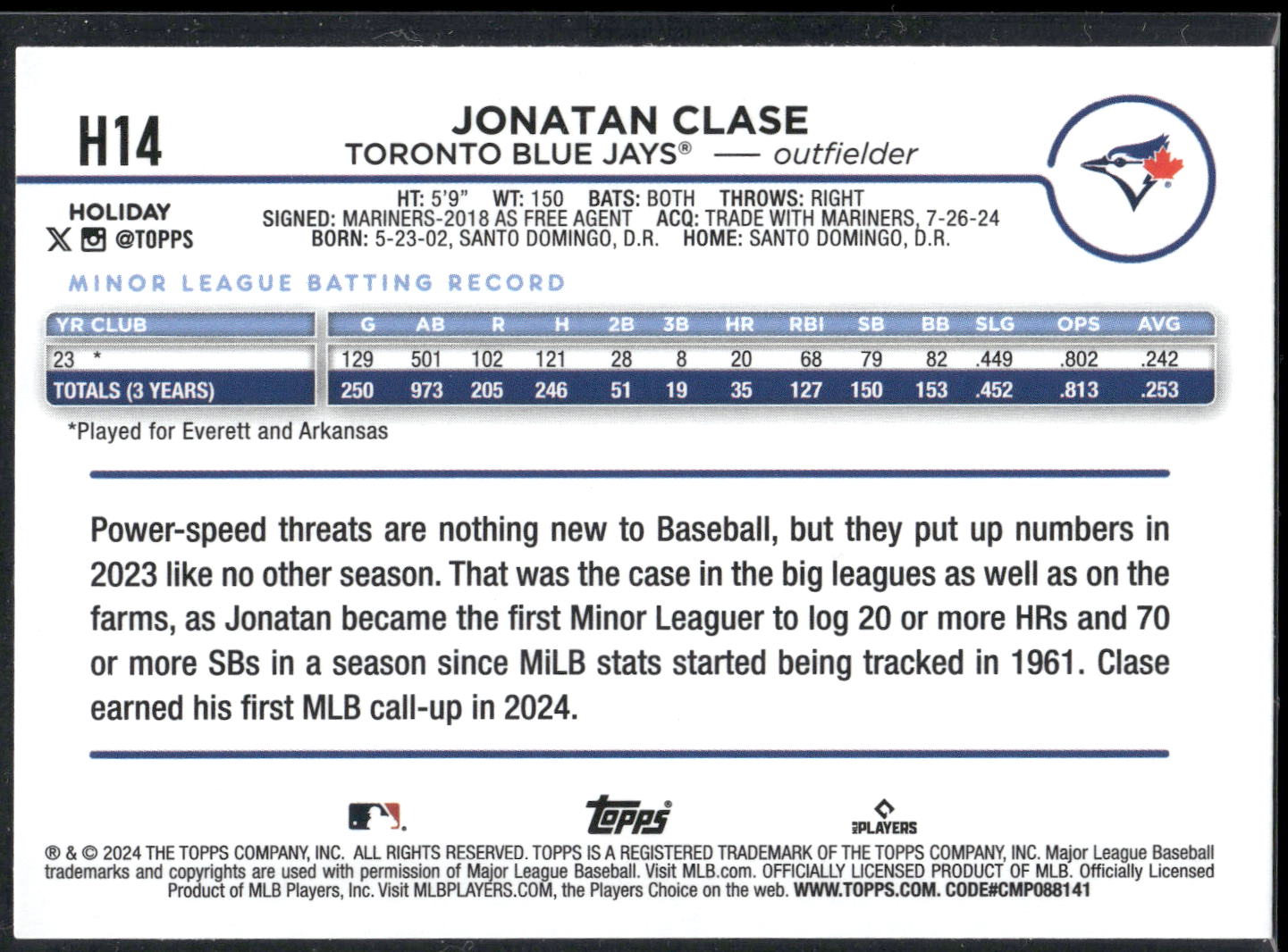 2024 Topps Holiday #H14 Jonatan Clase