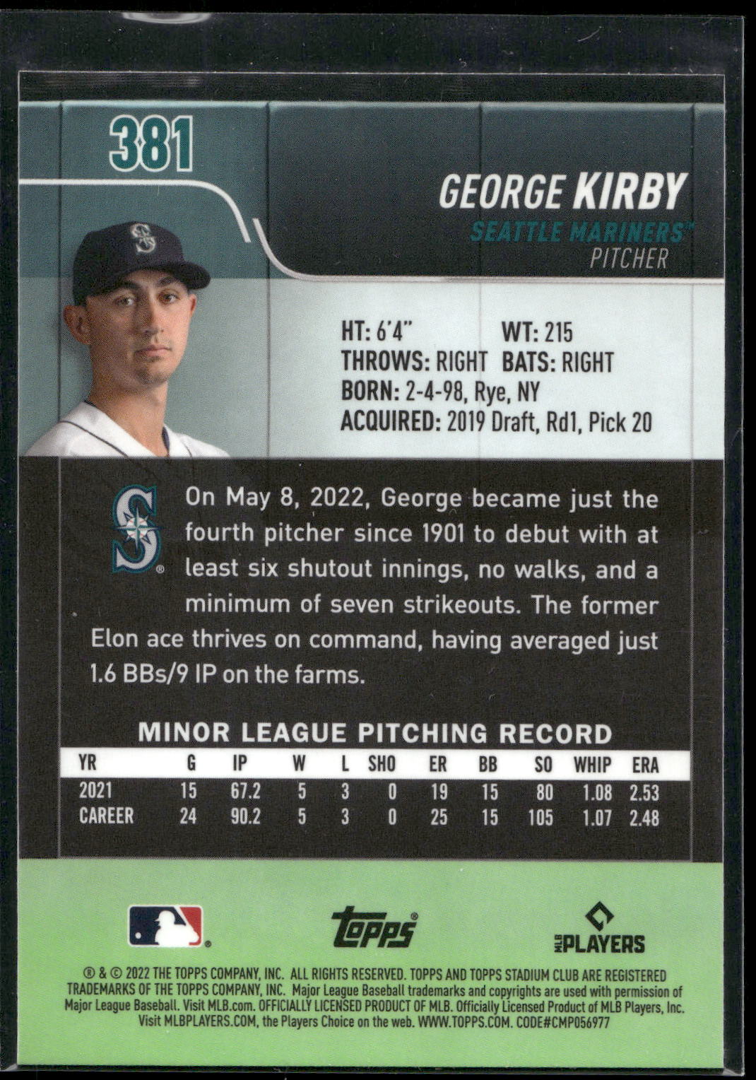 2022 Stadium Club Chrome #381 George Kirby