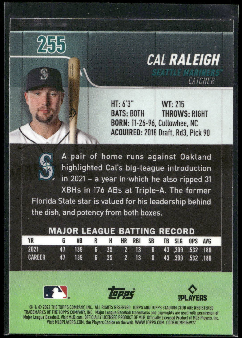 2022 Stadium Club Chrome #255 Cal Raleigh