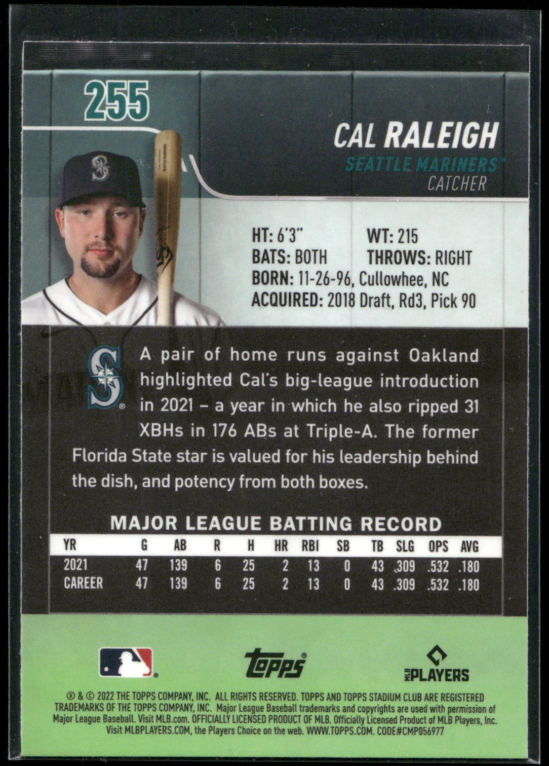 2022 Stadium Club Chrome #255 Cal Raleigh