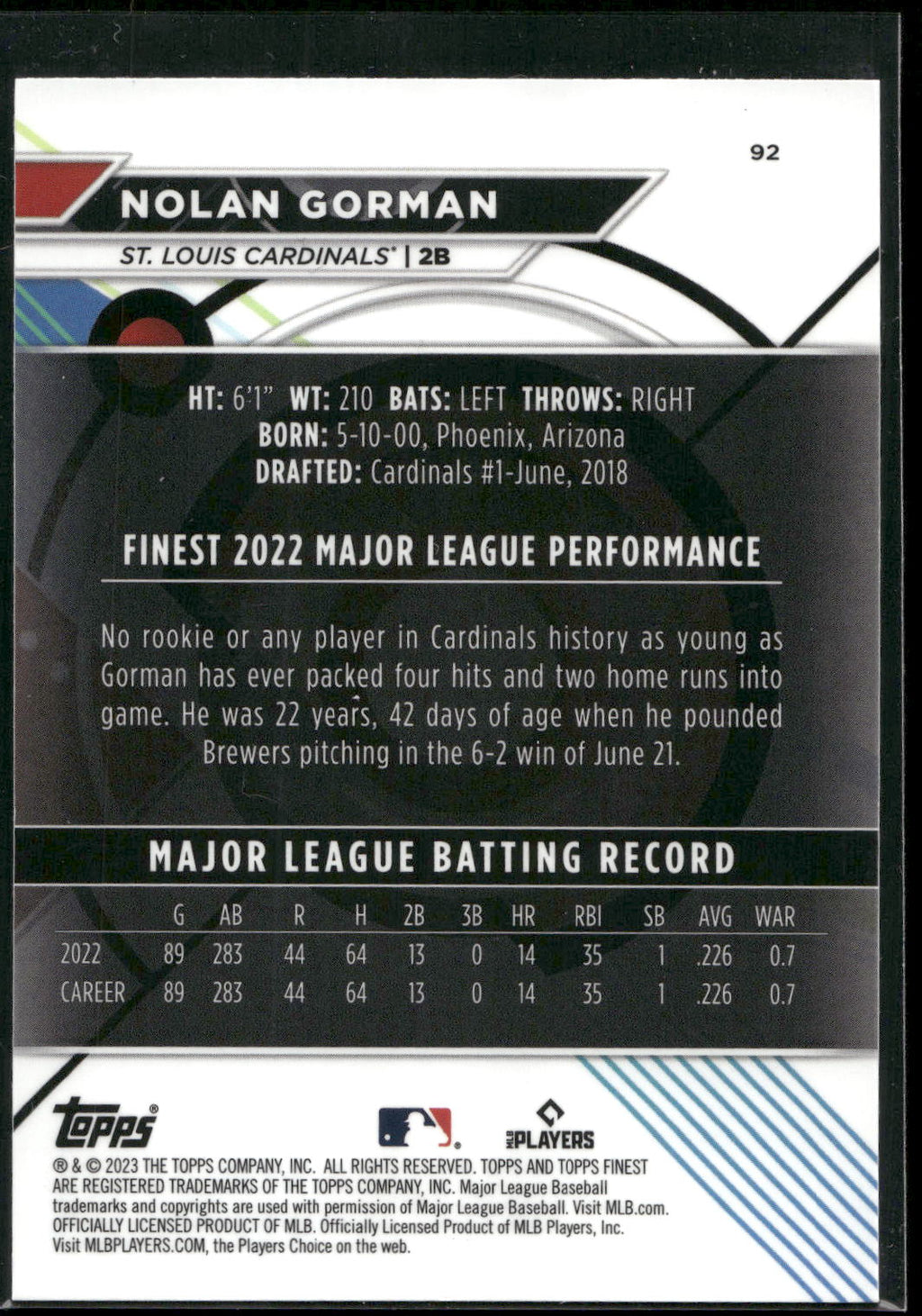 2023 Finest #92 Nolan Gorman