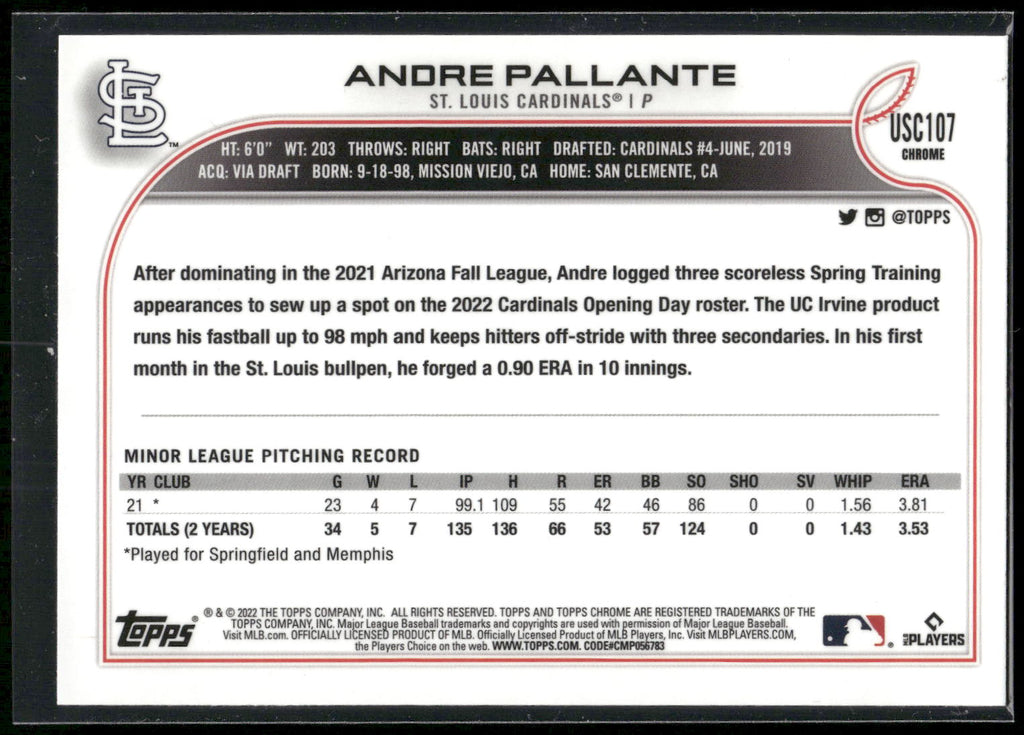 2022 Topps Chrome Update #USC107 Andre Pallante Purple Refractor