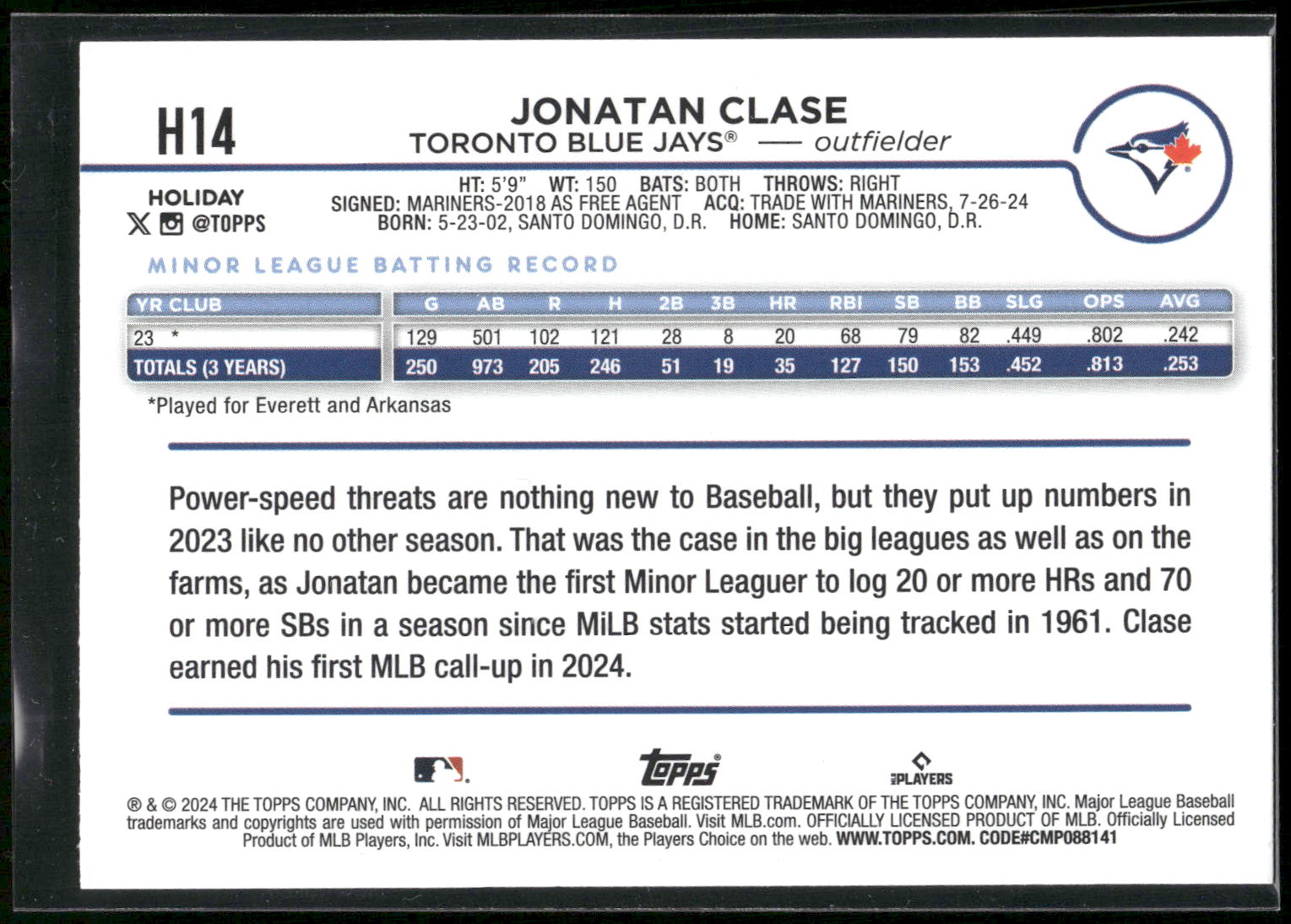 2024 Topps Holiday #H14 Jonatan Clase
