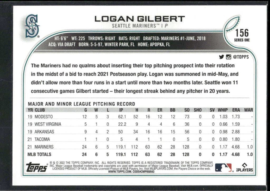 2022 Topps #156 Logan Gilbert