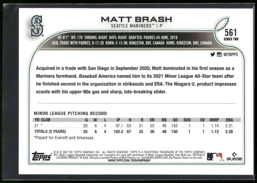 2022 Topps #561 Matt Brash Purple