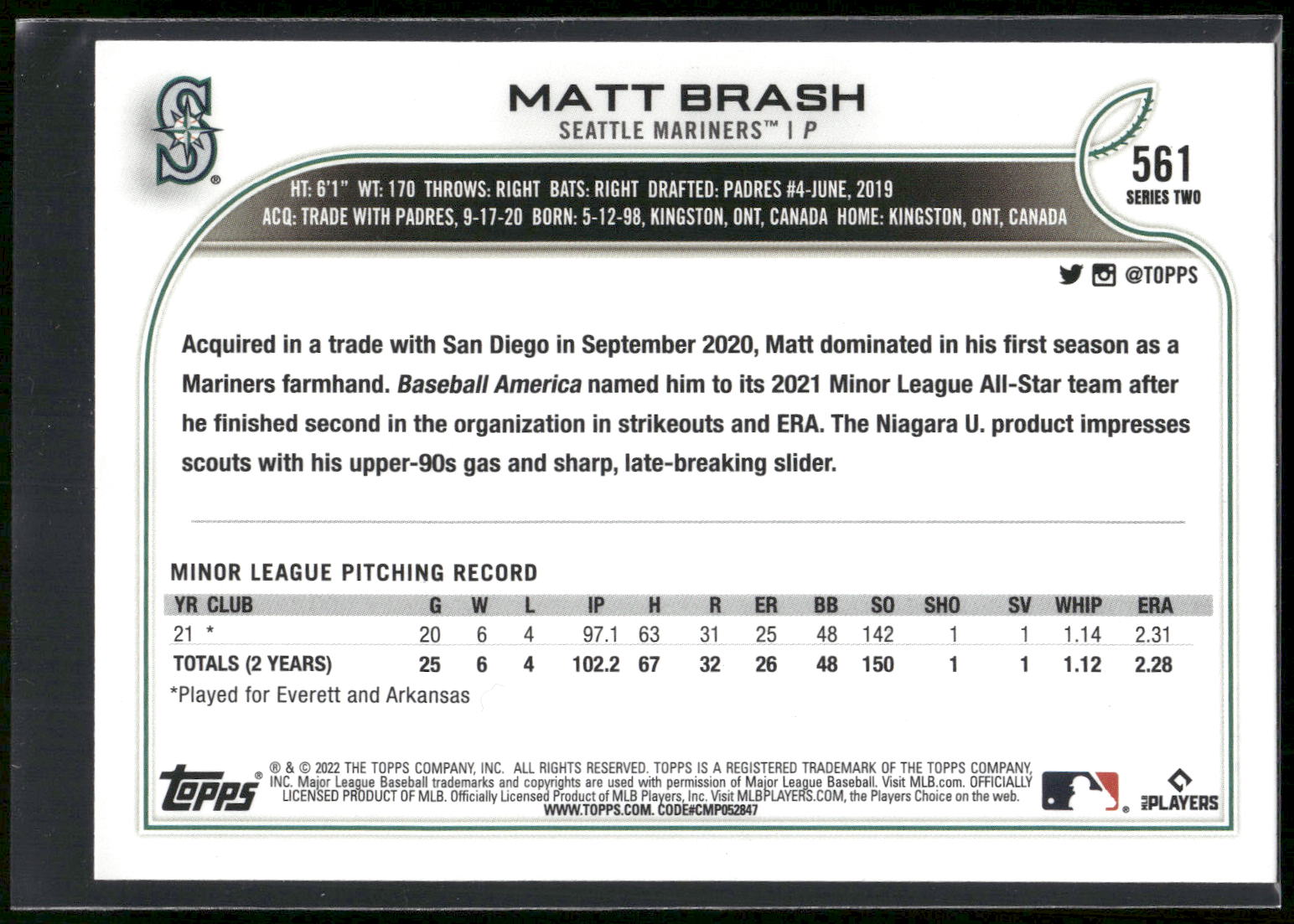 2022 Topps #561 Matt Brash Purple