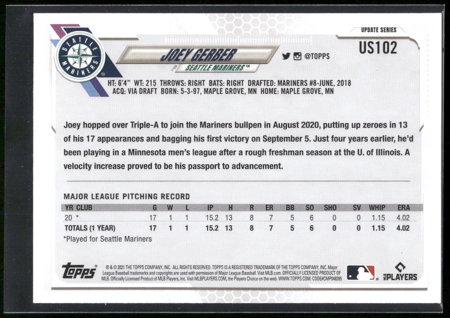 2021 Topps Update #US102 Joey Gerber