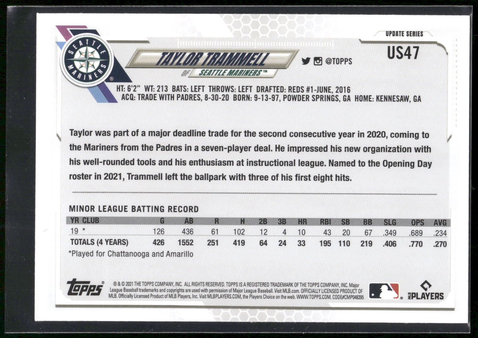 2021 Topps Update #US47 Taylor Trammell