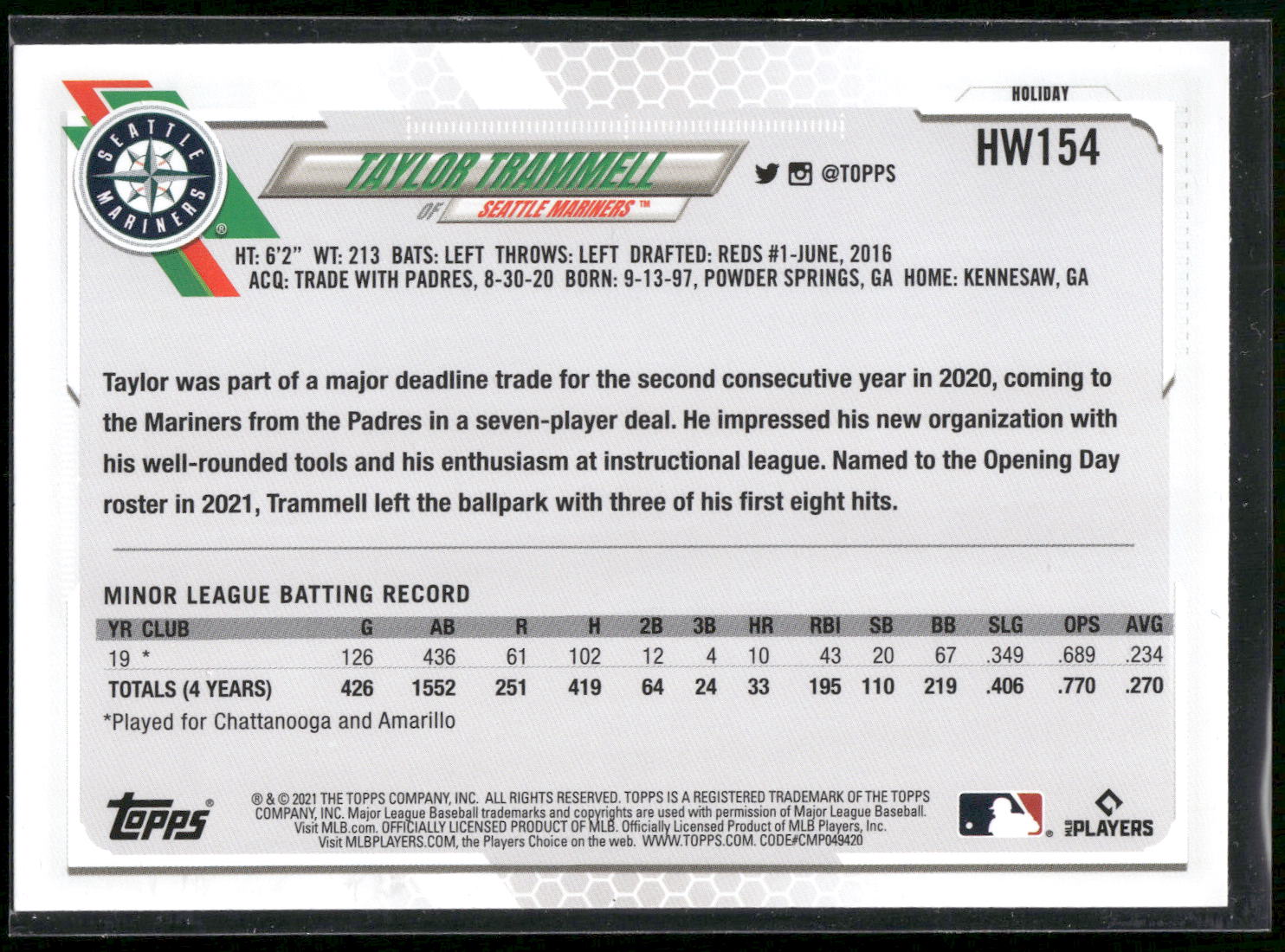 2021 Topps Holiday #HW154 Taylor Trammell