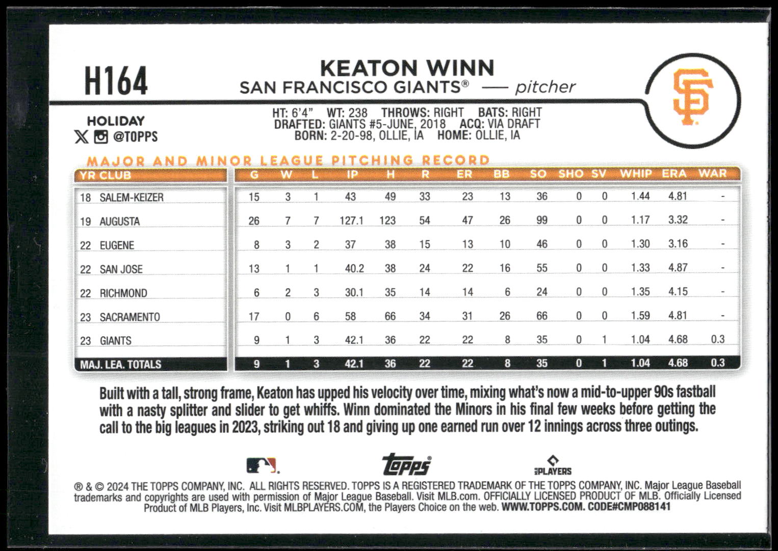 2024 Topps Holiday #H164 Keaton Winn