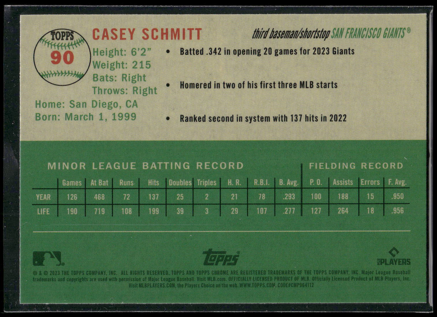 2023 Topps Chrome Platinum Anniversary #90 Casey Schmitt Blue Prism Refractors