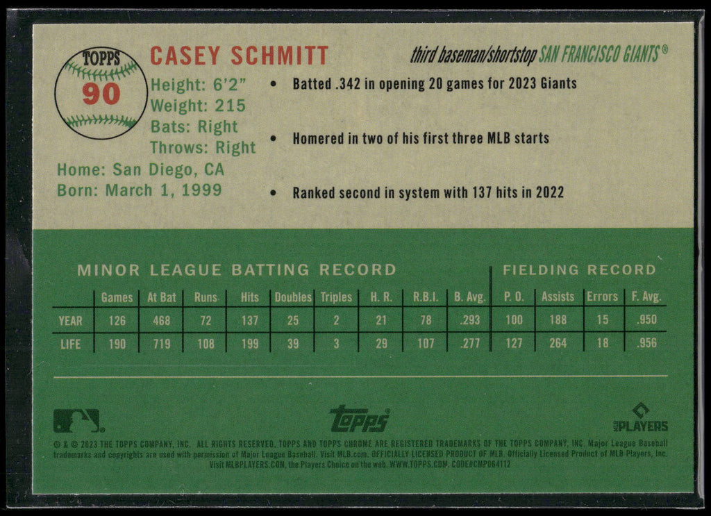2023 Topps Chrome Platinum Anniversary #90 Casey Schmitt Blue Prism Refractors