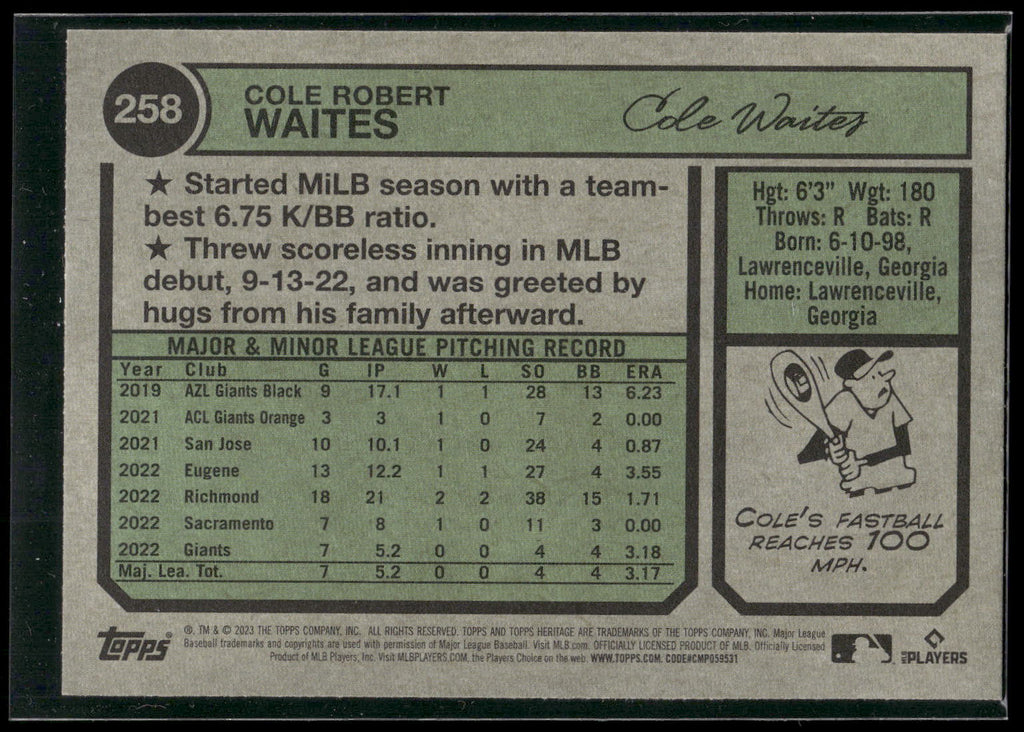 2023 Topps Heritage #258 Cole Waites