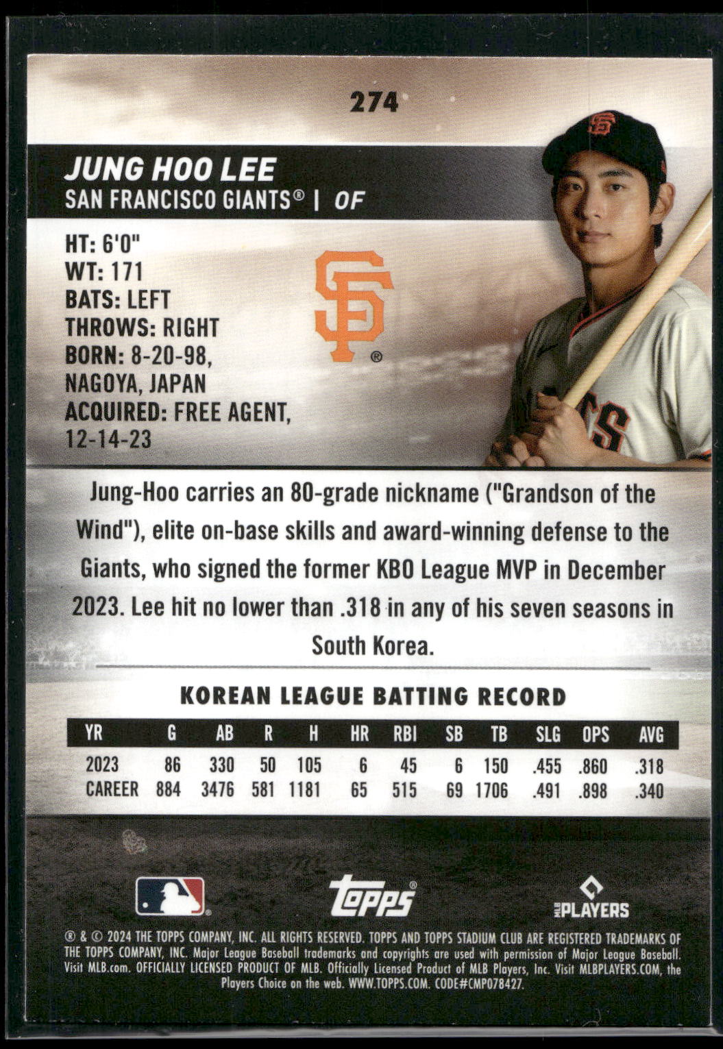 2024 Stadium Club #274 Jung Hoo Lee