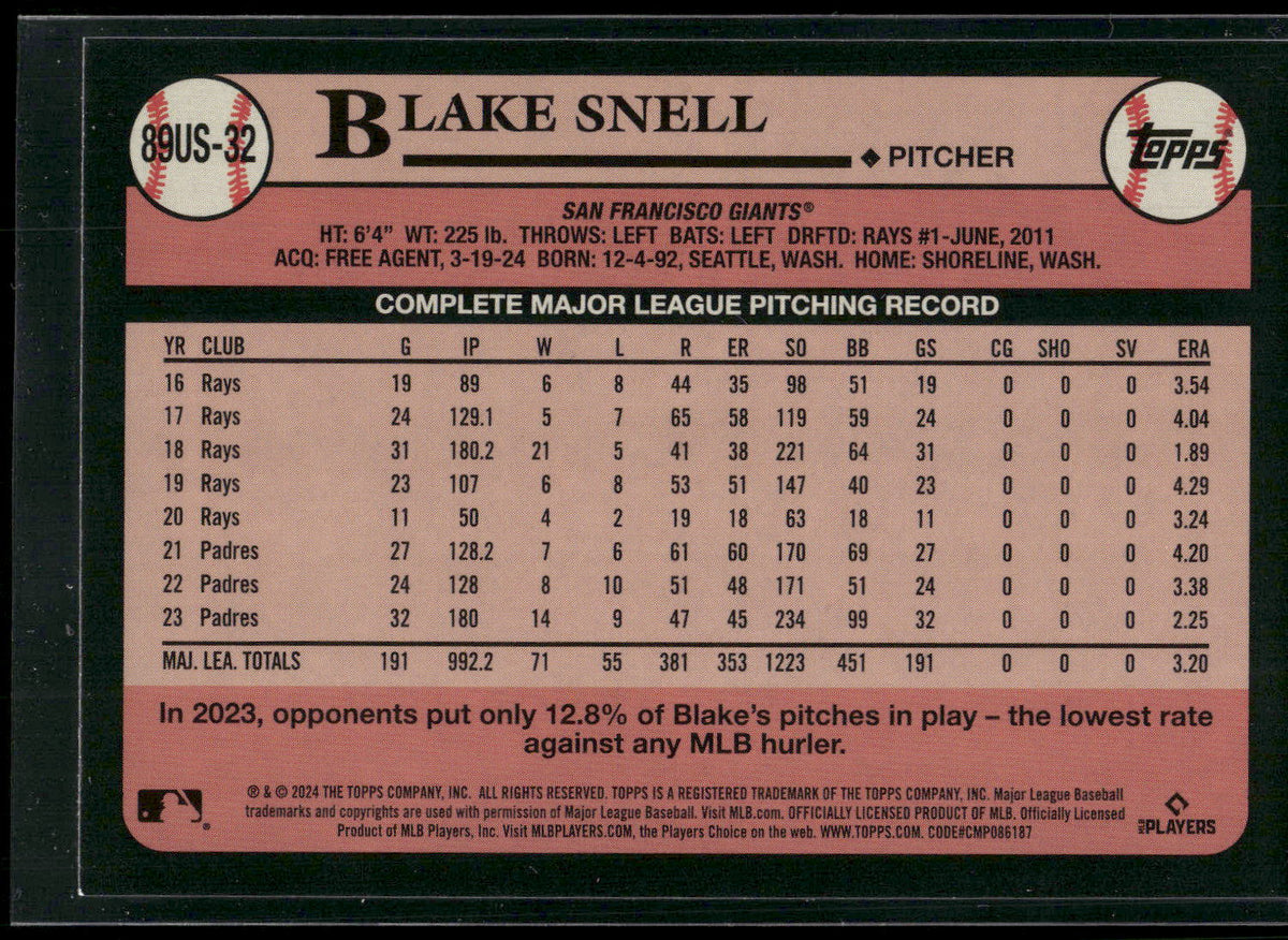 2024 Topps Update #89US-32 Blake Snell 1989 Topps Baseball 35th Anniversary