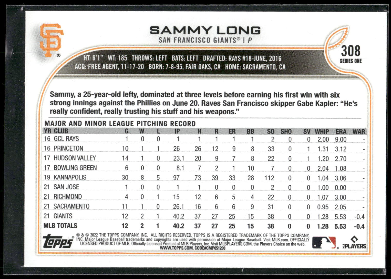2022 Topps #308 Sammy Long