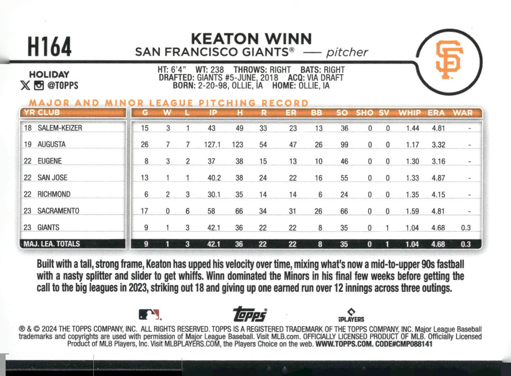 2024 Topps Holiday #H164 Keaton Winn