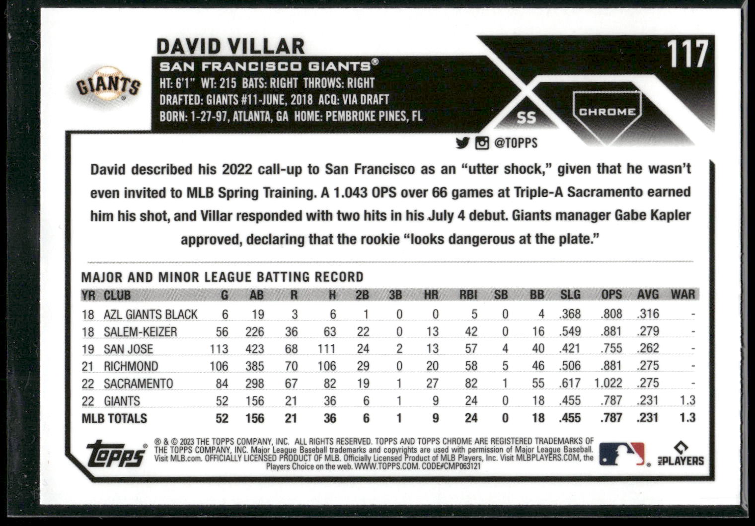 2023 Topps Chrome #117 David Villar X-Fractors