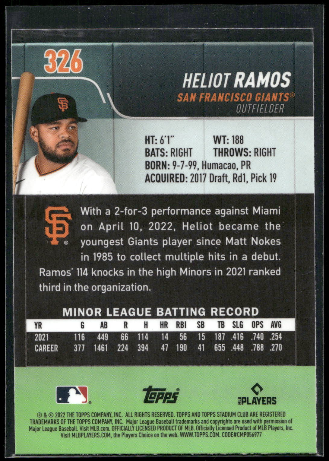 2022 Stadium Club Chrome #326 Heliot Ramos