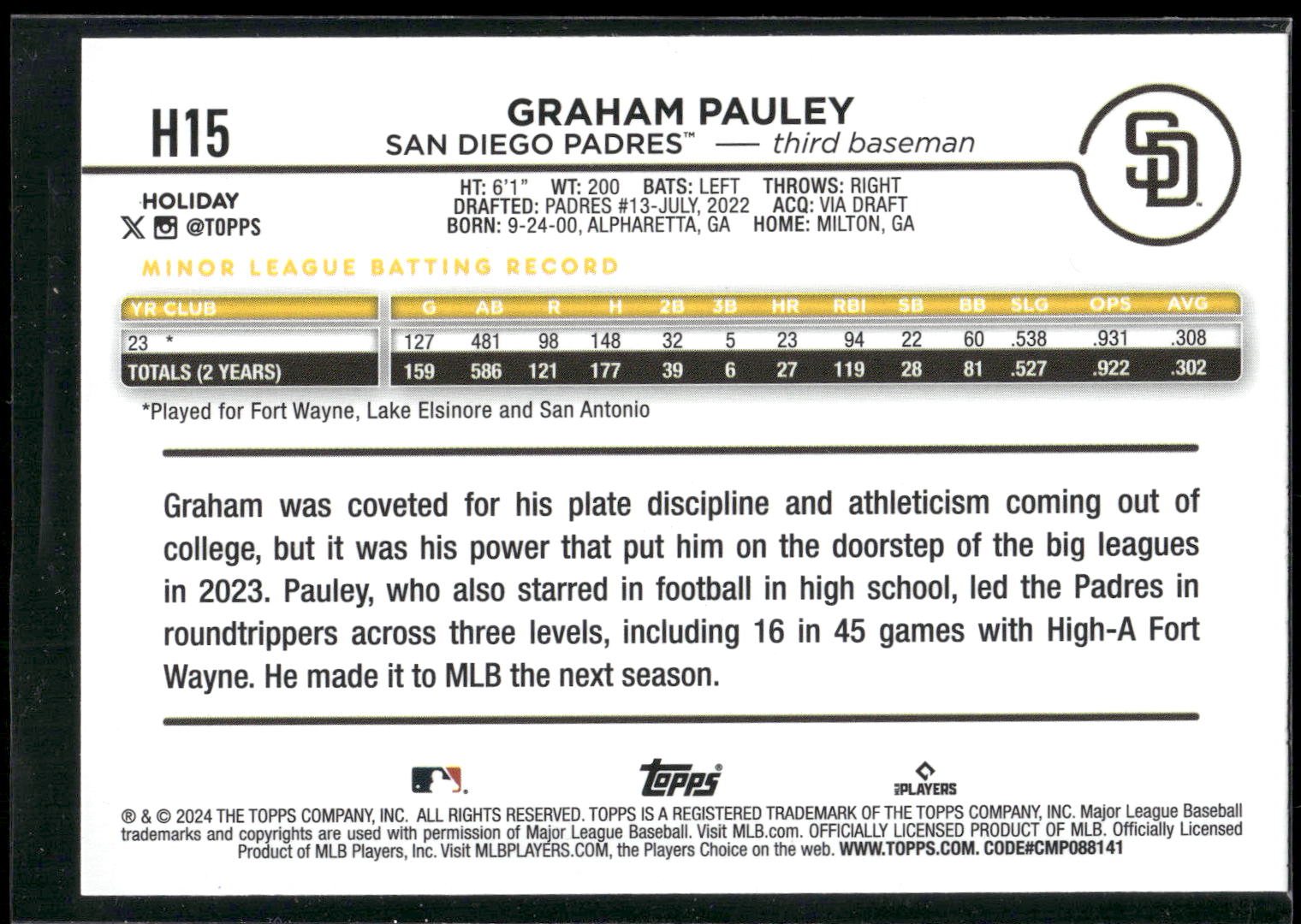 2024 Topps Holiday #H15 Graham Pauley