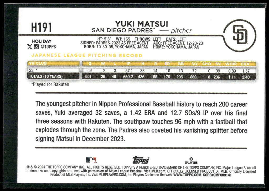 2024 Topps Holiday #H191 Yuki Matsui