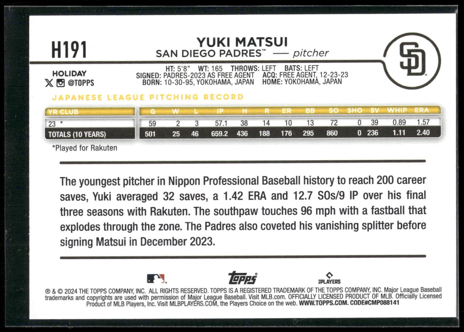 2024 Topps Holiday #H191 Yuki Matsui