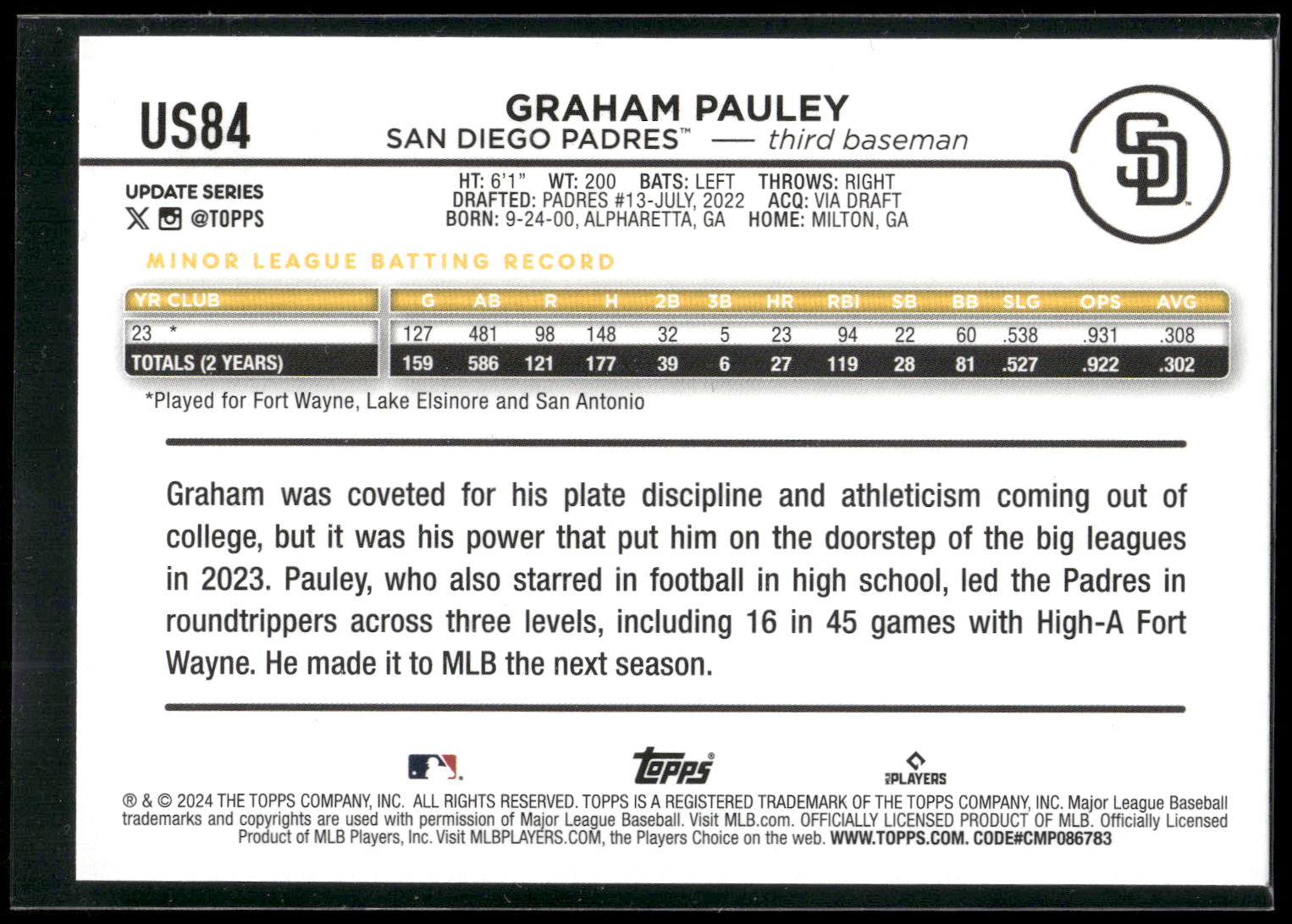 2024 Topps Update #US84 Graham Pauley Holiday