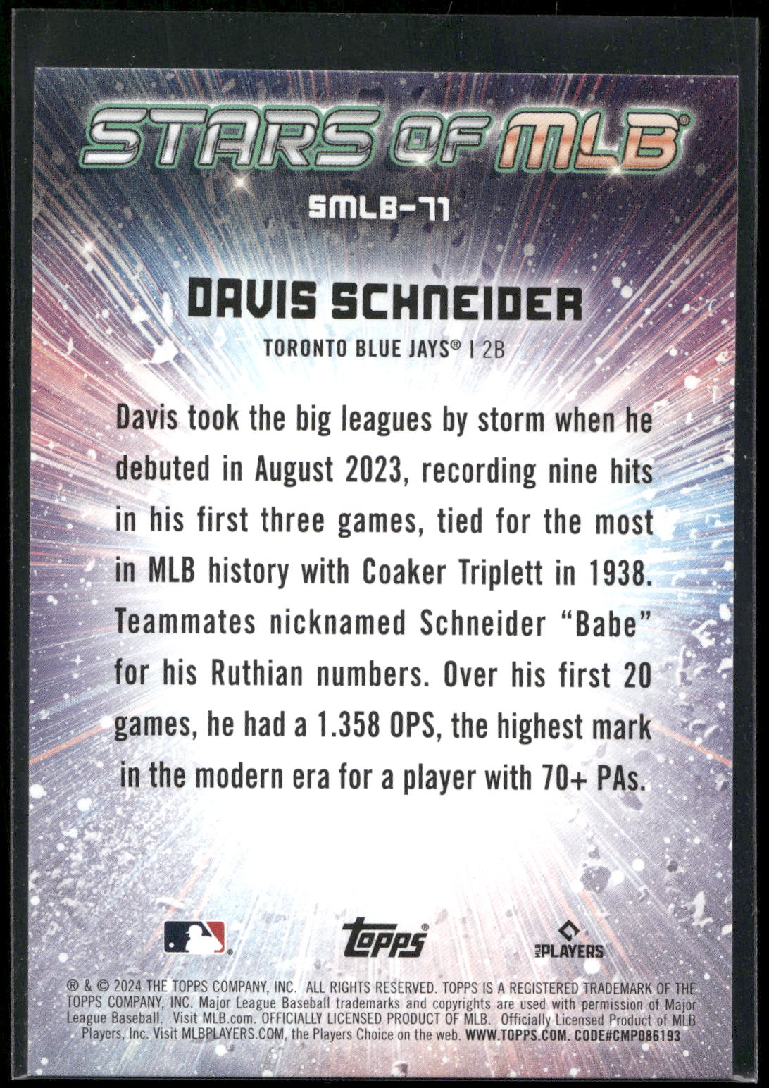2024 Topps Update #SMLB-71 Davis Schneider Stars of MLB