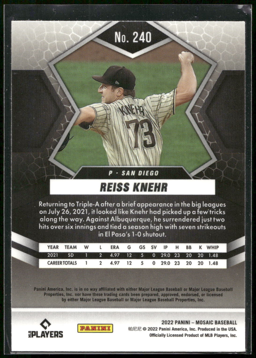 2022 Panini Mosaic #240 Reiss Knehr