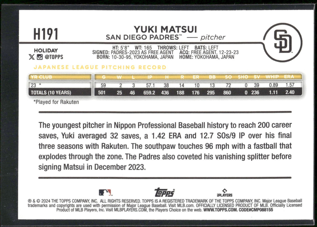2024 Topps Holiday #H191 Yuki Matsui