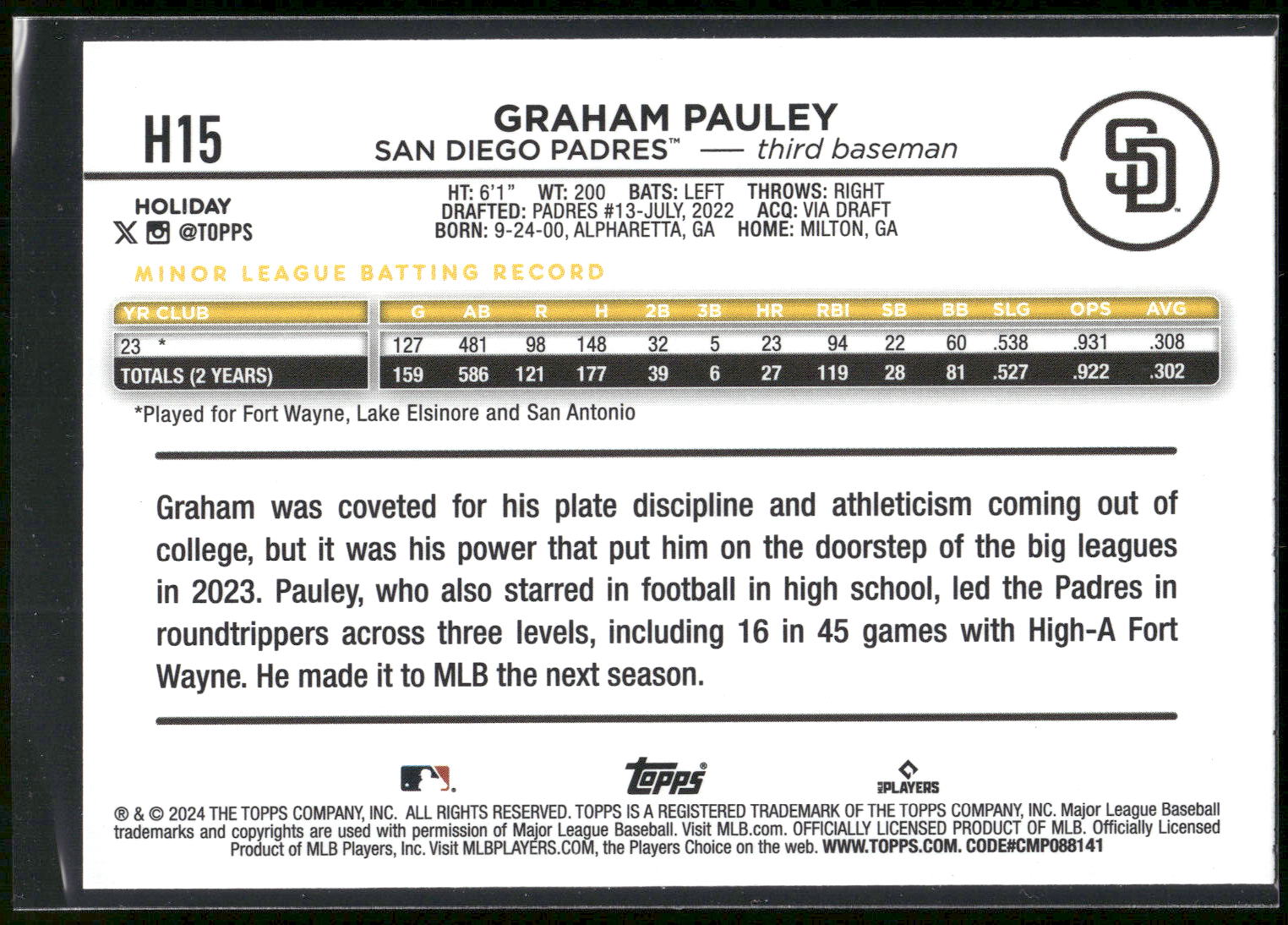 2024 Topps Holiday #H15 Graham Pauley