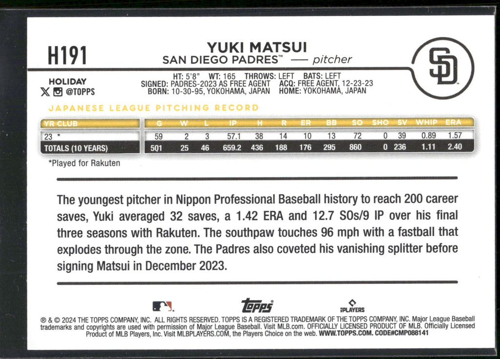 2024 Topps Holiday #H191 Yuki Matsui