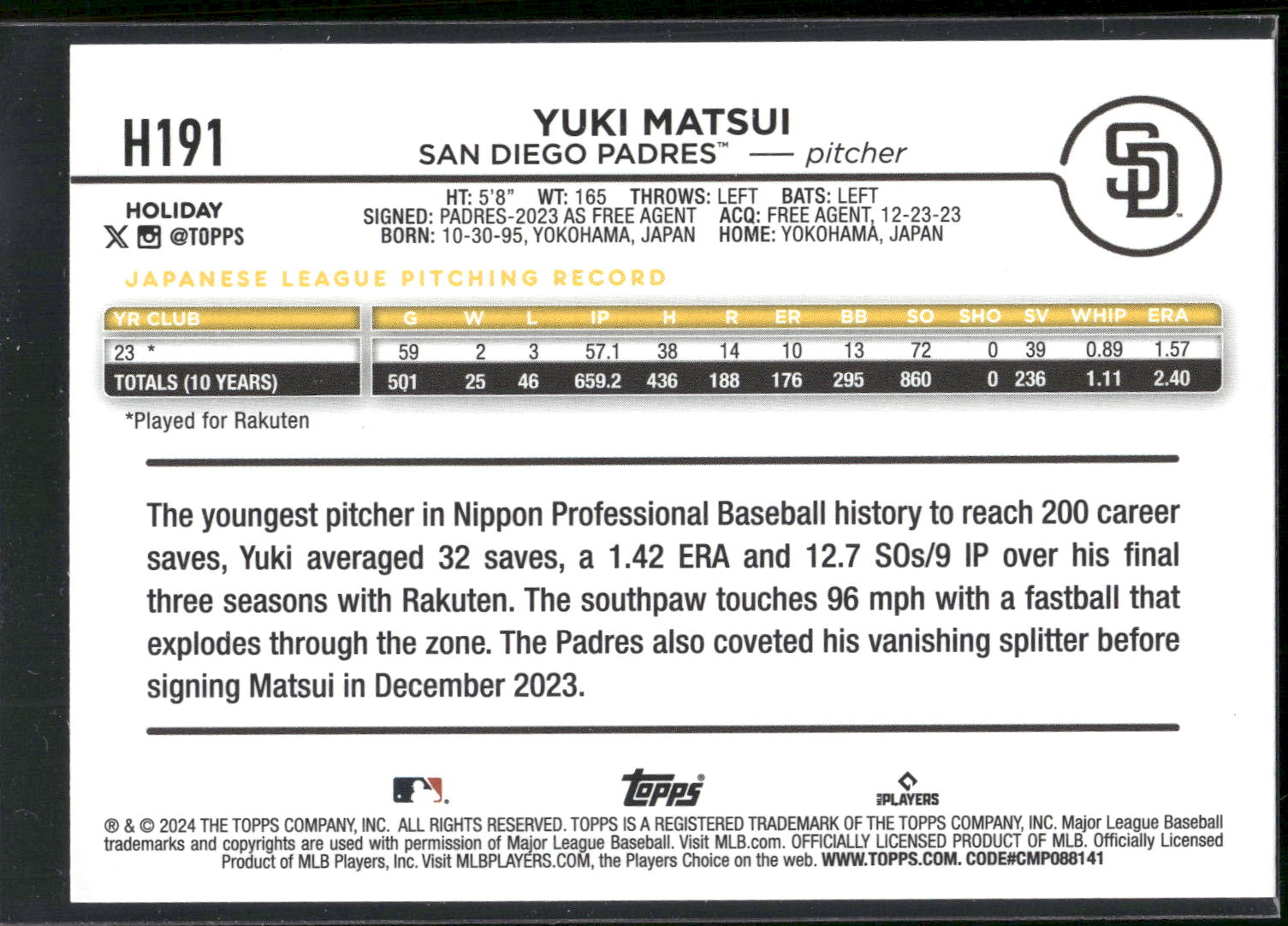 2024 Topps Holiday #H191 Yuki Matsui