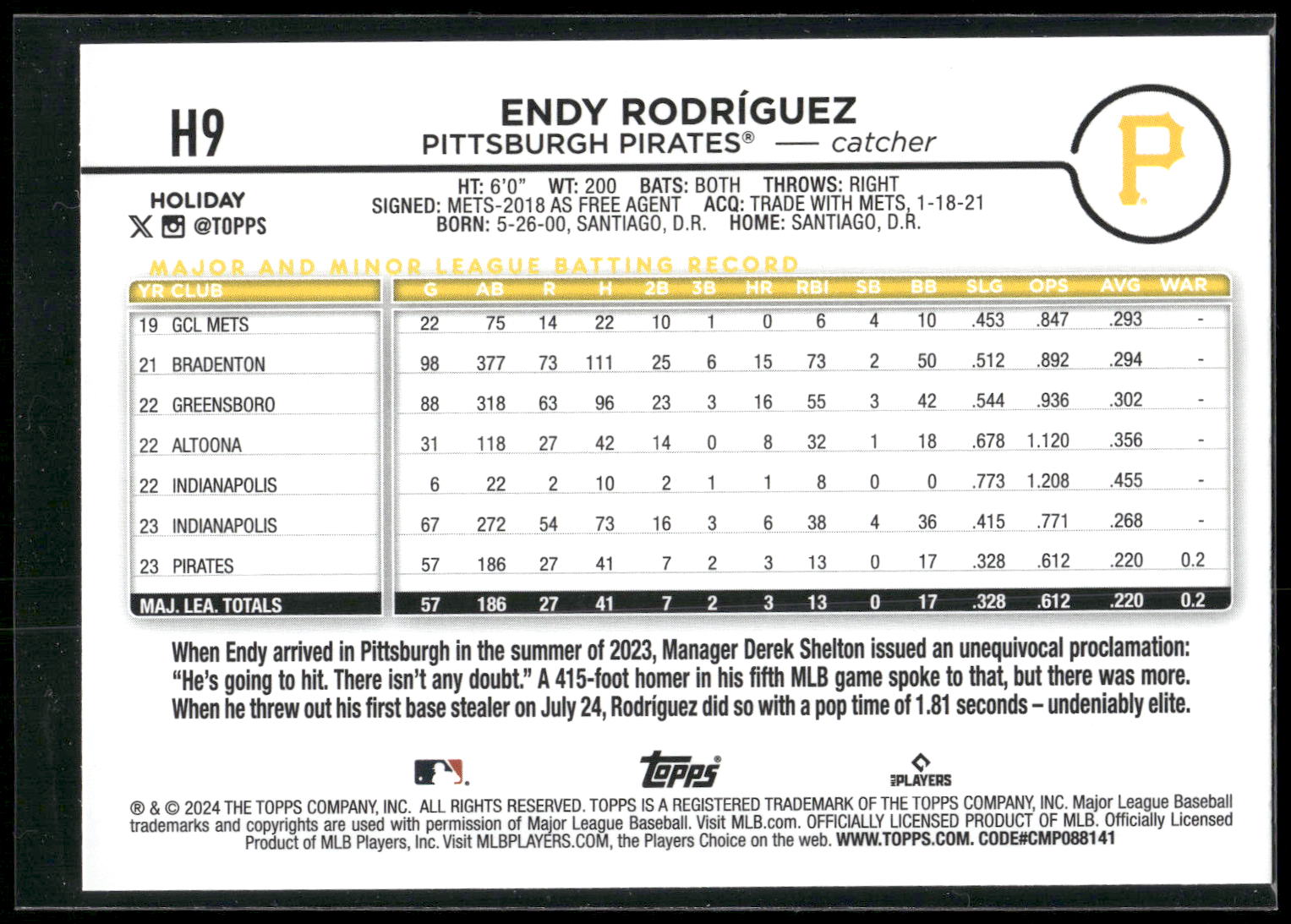 2024 Topps Holiday #H9 Endy Rodríguez