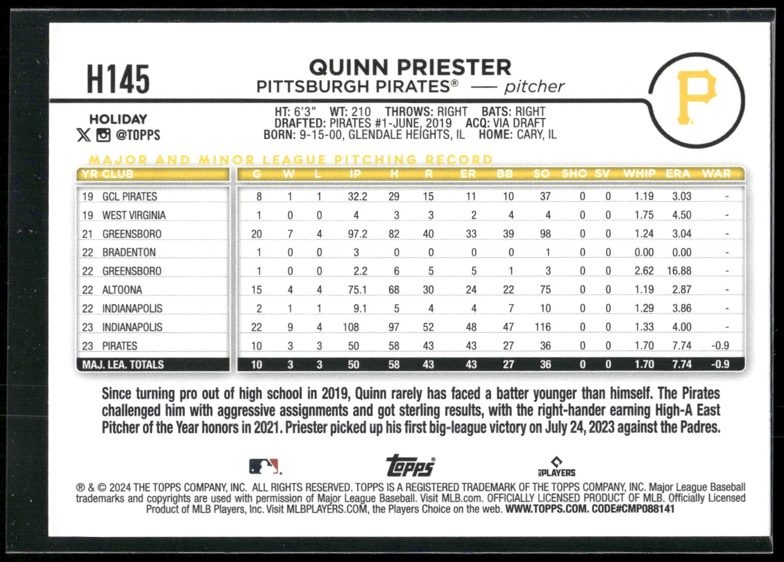 2024 Topps Holiday #H145 Quinn Priester