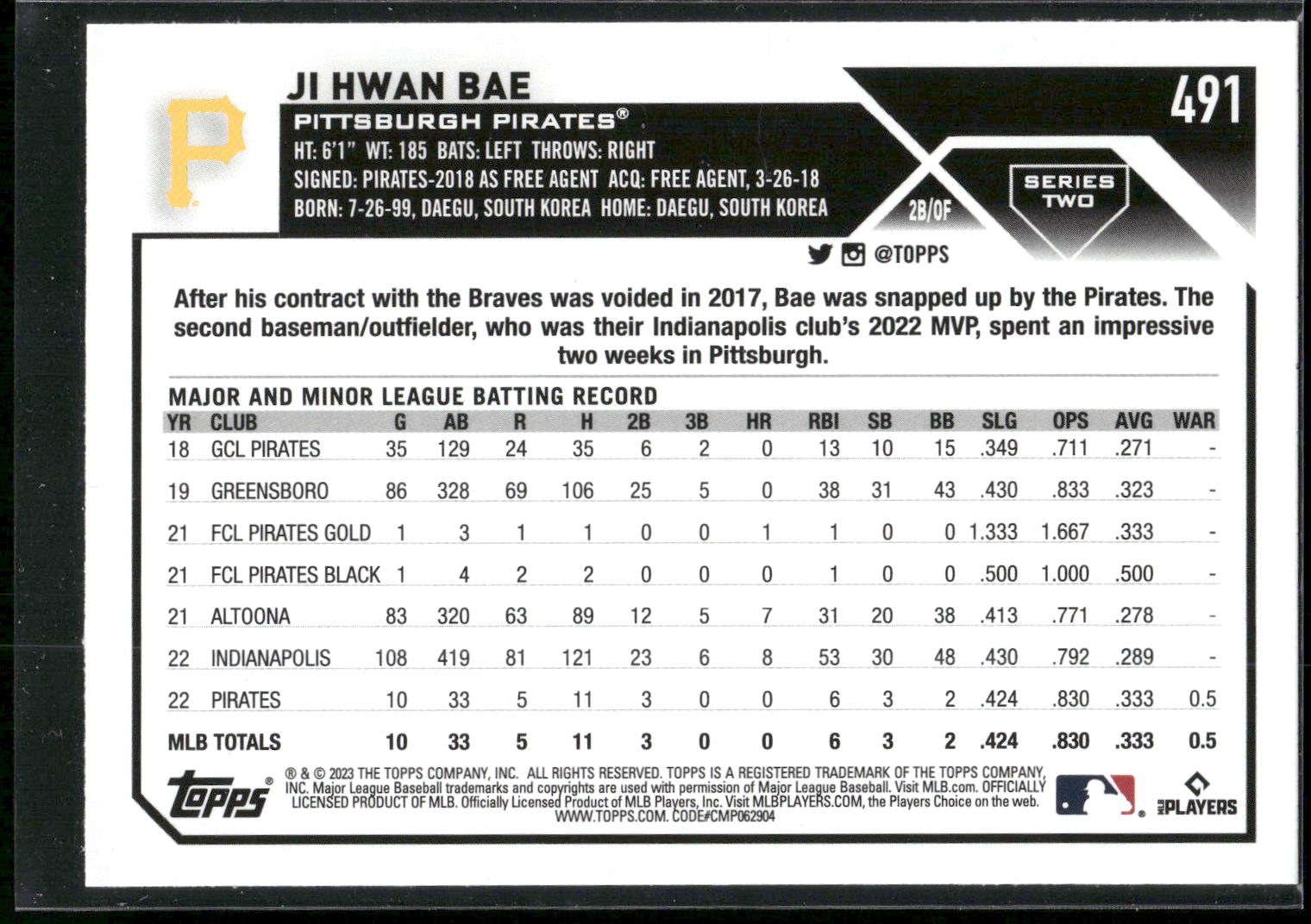 2023 Topps #491 Ji Hwan Bae