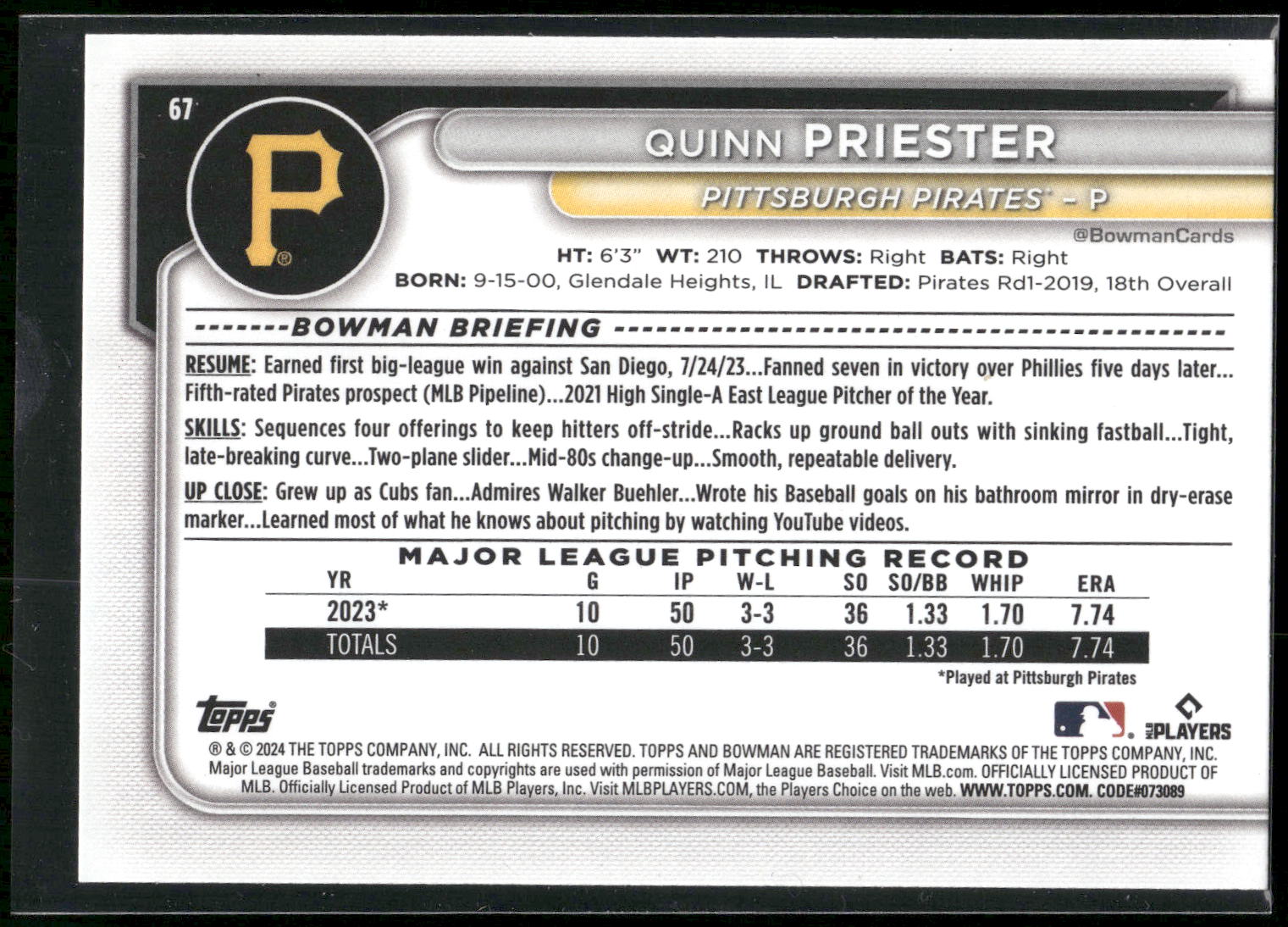 2024 Bowman #67 Quinn Priester
