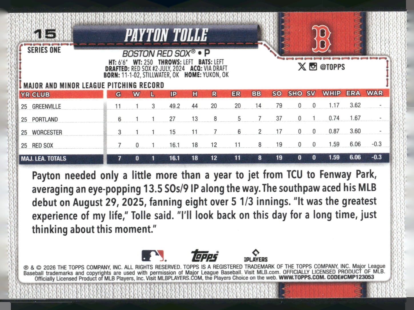2026 Topps #15 Payton Tolle