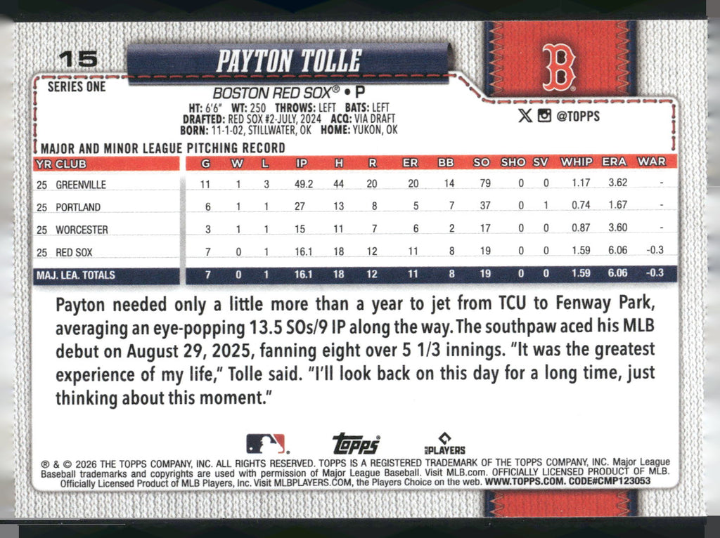 2026 Topps #15 Payton Tolle
