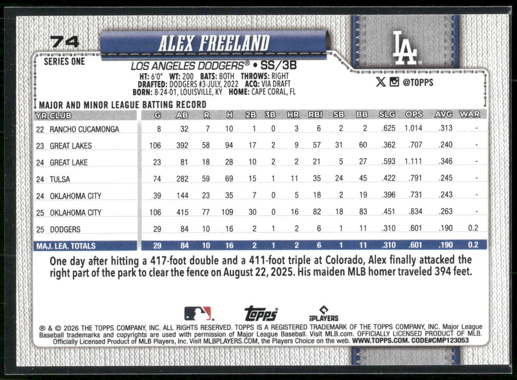 2026 Topps #74 Alex Freeland