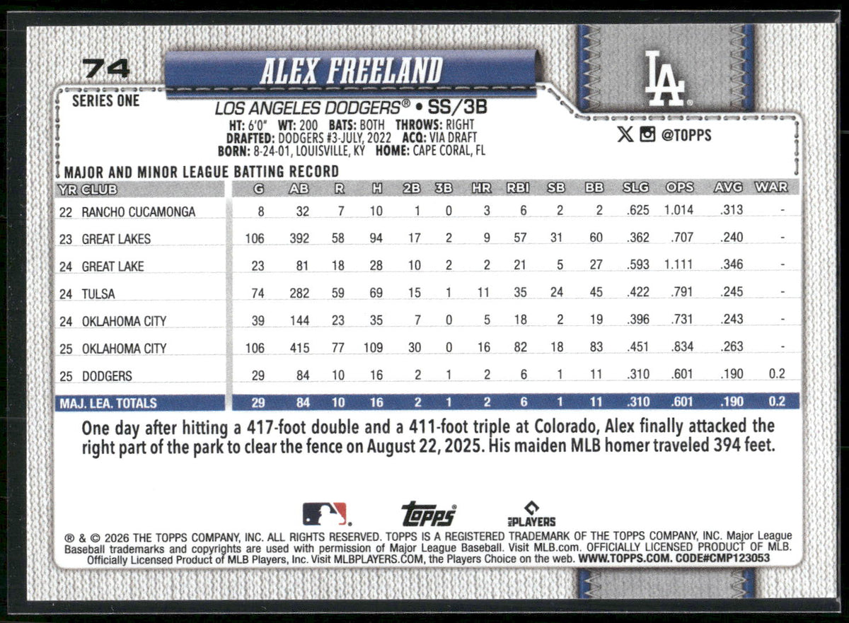 2026 Topps #74 Alex Freeland