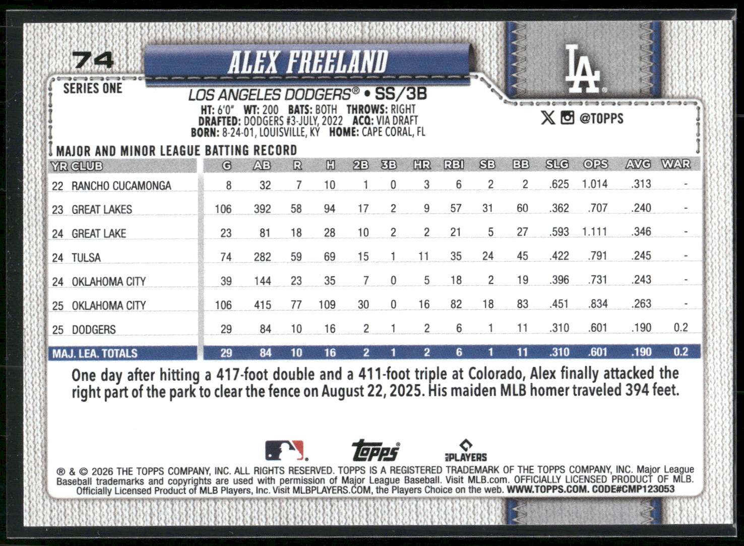 2026 Topps #74 Alex Freeland