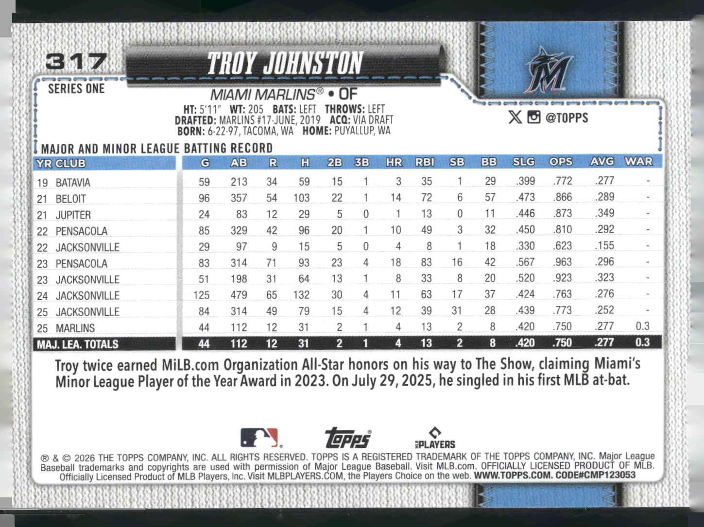 2026 Topps #317 Troy Johnston