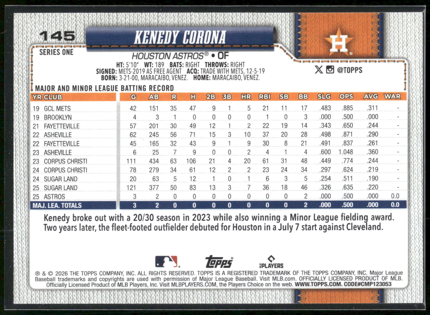 2026 Topps #145 Kenedy Corona