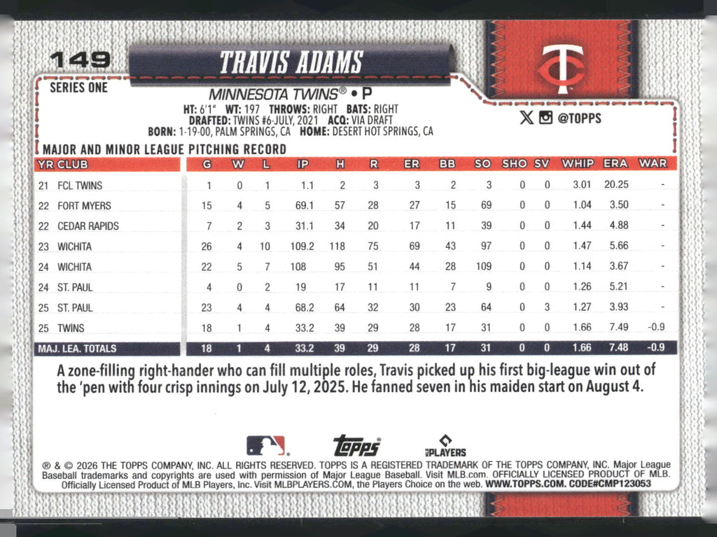 2026 Topps #149 Travis Adams